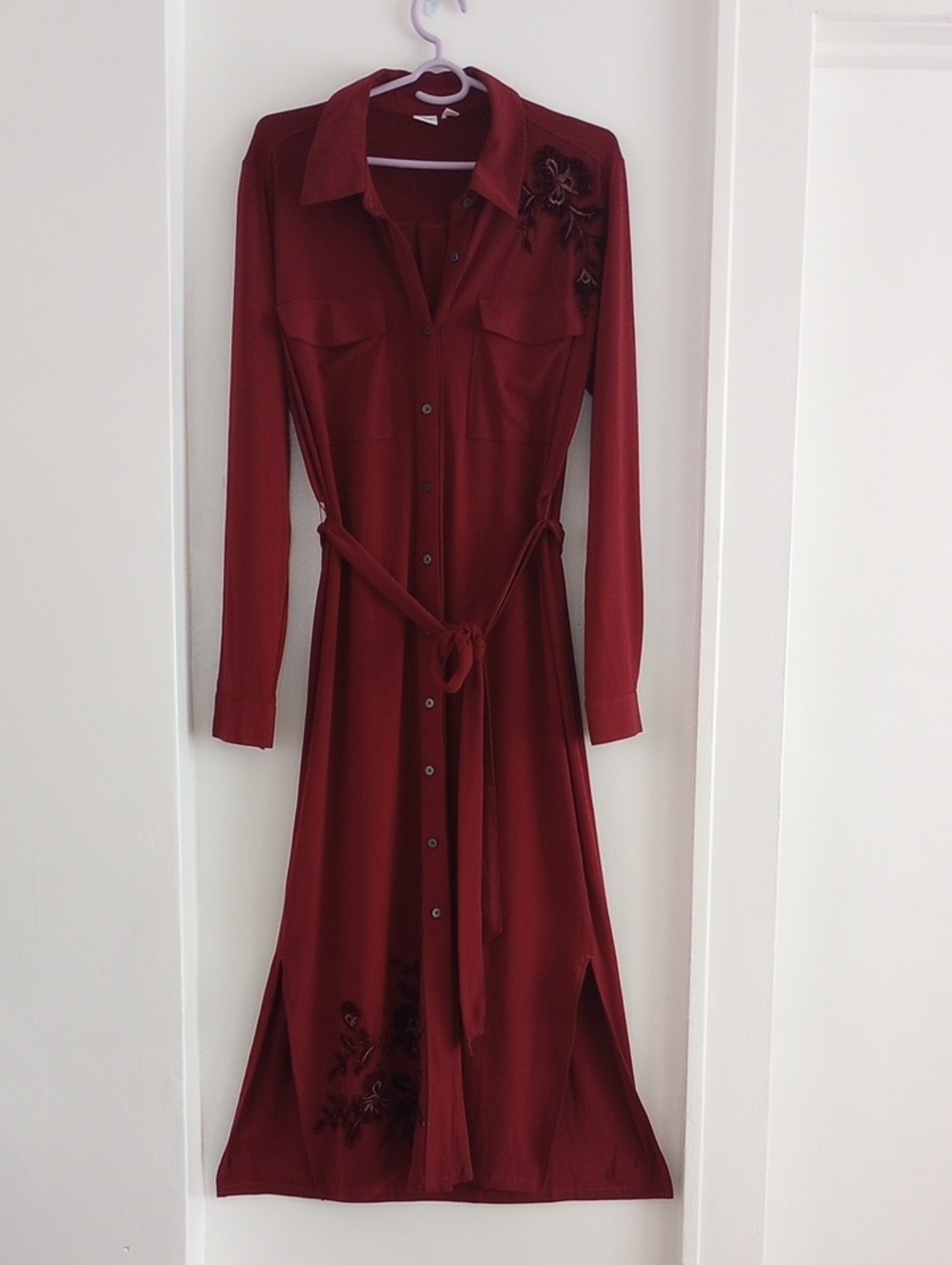 GAP Burgundy Maroon Long-Sleeve Button-Front Shirt Dress Waist Tie Size S
